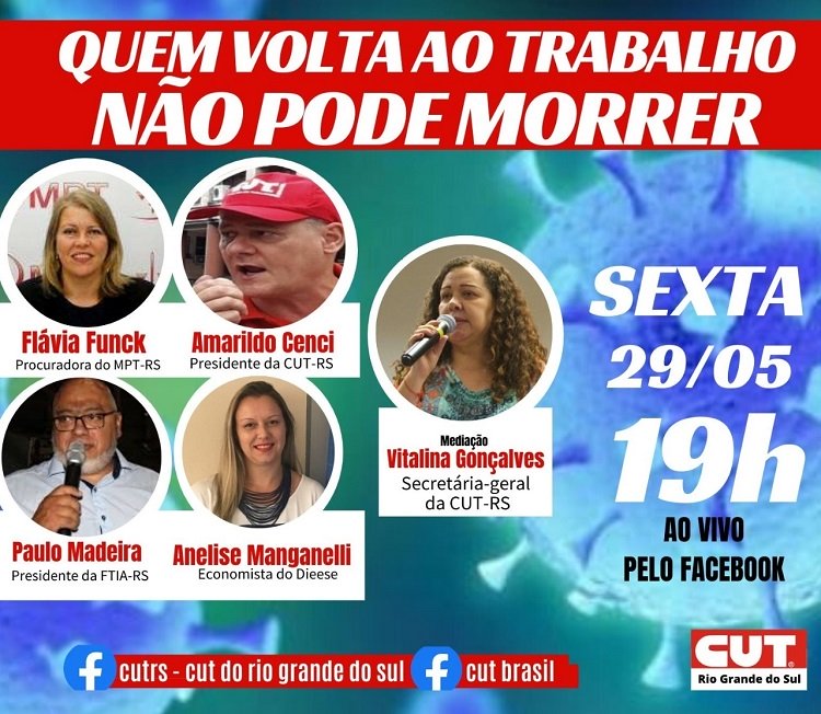 CUT-RS promove live sobre proteção à vida na volta ao trabalho durante pandemia